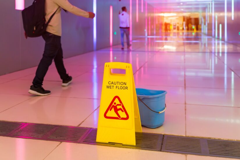 Wet Floor Caution Sign Next To A Bucket