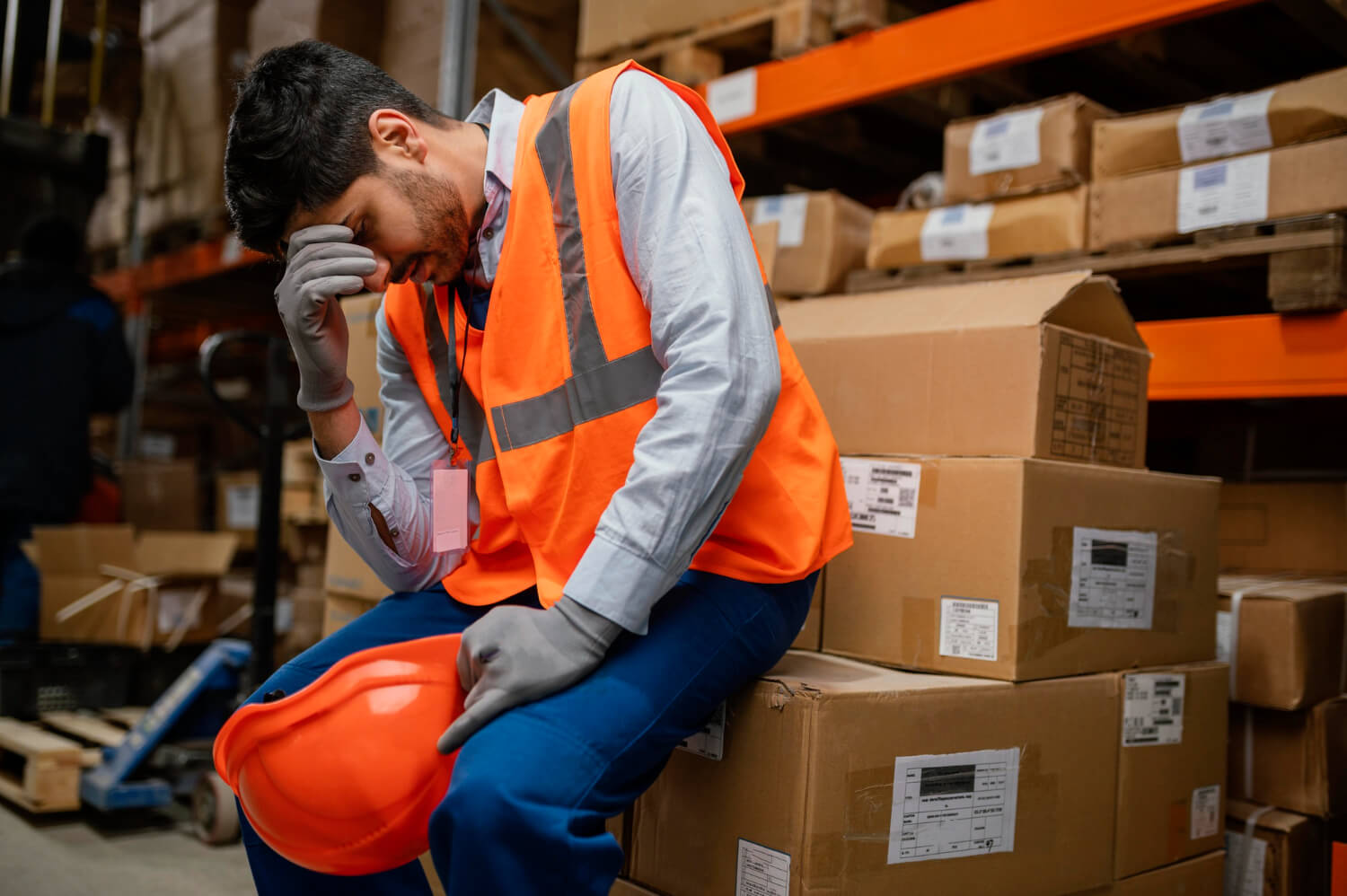 Worker on a warehouse resting on some boxes after injury